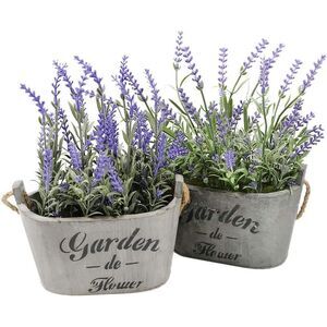 Butterfly Craze Artificial Lavender Plants in Rustic Grey Planters, Set of 2